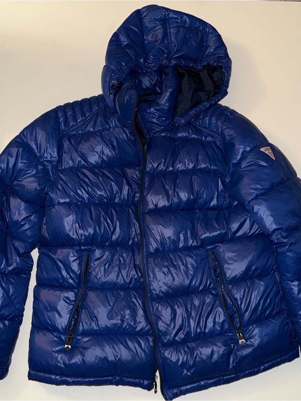Guess Men's Shiny Royal Blue Quilted Hooded Puffer Jacket